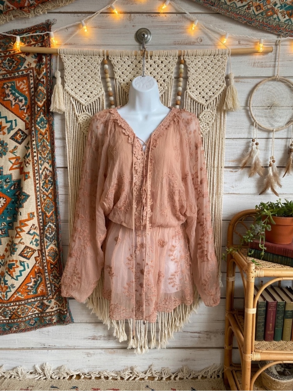 Free People Pink Rose lace Embroidered Sheer Peasant Romantic Shirt Blouse M NWT